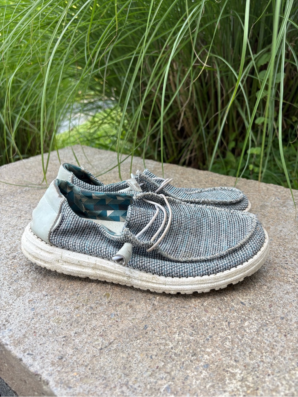 Hey Dude Women's Grey Blue Knit Slip-On Flats